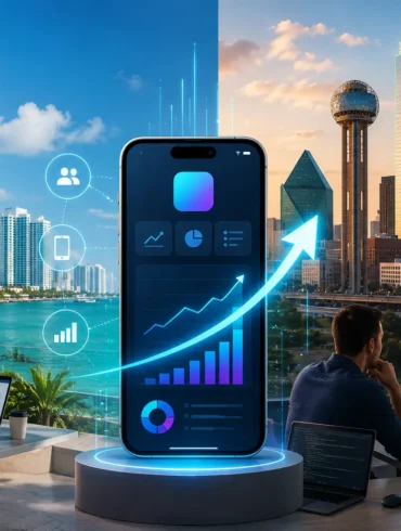 A split cityscape blends with a giant smartphone displaying growth charts. Two teams work on laptops, conveying a theme of business and technology.
