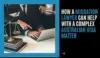 Lawyers working on a laptop with scales of justice and books, text reads "How a migration lawyer can help with a complex Australian visa matter."