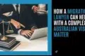 Lawyers working on a laptop with scales of justice and books, text reads "How a migration lawyer can help with a complex Australian visa matter."