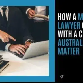 Lawyers working on a laptop with scales of justice and books, text reads "How a migration lawyer can help with a complex Australian visa matter."