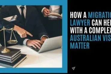 Lawyers working on a laptop with scales of justice and books, text reads "How a migration lawyer can help with a complex Australian visa matter."