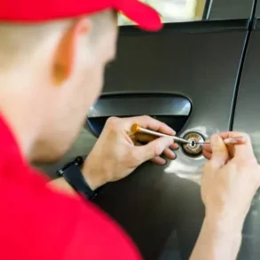 A person in a red uniform skillfully picks a car lock using professional tools. The image conveys a sense of focus and expertise in locksmithing.