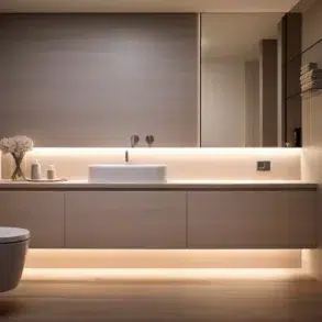 A modern bathroom featuring a sleek vanity with undermount lighting, a white sink, and a minimalistic design; a toilet is positioned alongside the vanity against gray walls.