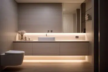 A modern bathroom featuring a sleek vanity with undermount lighting, a white sink, and a minimalistic design; a toilet is positioned alongside the vanity against gray walls.