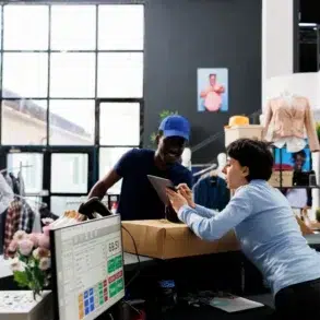 A man in a blue cap hands a package to a smiling woman at a counter in a modern shop. Large windows and displays of clothes are in the background.