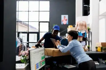 A man in a blue cap hands a package to a smiling woman at a counter in a modern shop. Large windows and displays of clothes are in the background.