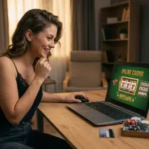 Woman playing online casino slot game on laptop at home, with poker chips and credit card on table.