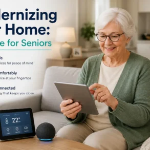 Senior woman using a tablet on a couch with smart home devices promoting safety, comfort, and connectivity for seniors.