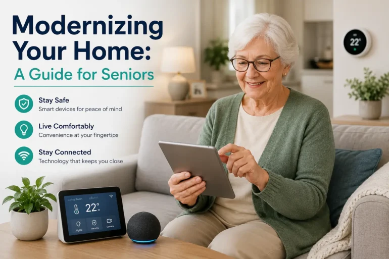 Senior woman using a tablet on a couch with smart home devices promoting safety, comfort, and connectivity for seniors.