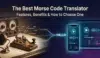 Image showing a Morse code translator. On the left, a vintage telegraph machine sends Morse code. On the right, smartphone and tablet apps translate it to 'HELLO' with visual waveforms, evoking modern technology.