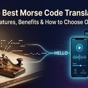 Image showing a Morse code translator. On the left, a vintage telegraph machine sends Morse code. On the right, smartphone and tablet apps translate it to 'HELLO' with visual waveforms, evoking modern technology.
