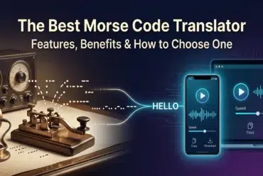 Image showing a Morse code translator. On the left, a vintage telegraph machine sends Morse code. On the right, smartphone and tablet apps translate it to 'HELLO' with visual waveforms, evoking modern technology.