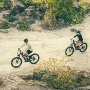 Two cyclists wearing helmets ride electric mountain bikes on a rocky, dirt trail surrounded by greenery, conveying adventure and outdoor exploration.