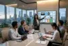 A woman in business attire presents on a digital screen to a diverse team in a modern conference room, conveying collaboration and focus.
