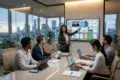 A woman in business attire presents on a digital screen to a diverse team in a modern conference room, conveying collaboration and focus.