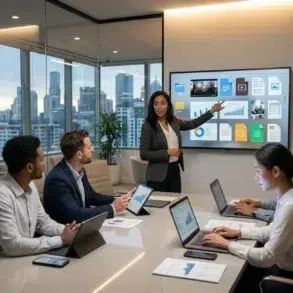A woman in business attire presents on a digital screen to a diverse team in a modern conference room, conveying collaboration and focus.