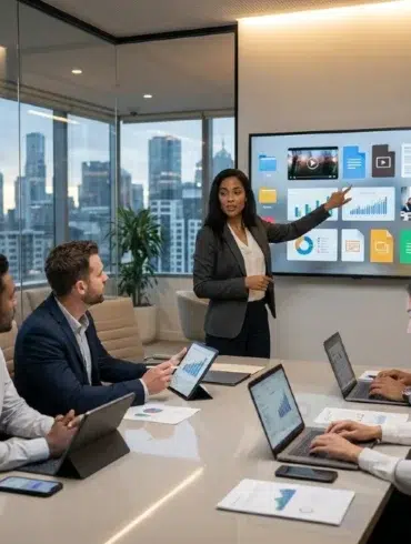 A woman in business attire presents on a digital screen to a diverse team in a modern conference room, conveying collaboration and focus.