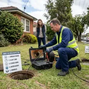 A worker in a high-visibility vest inspects a sewer line with a camera, while a woman watches. Signs highlight inspection signs and in-progress work.