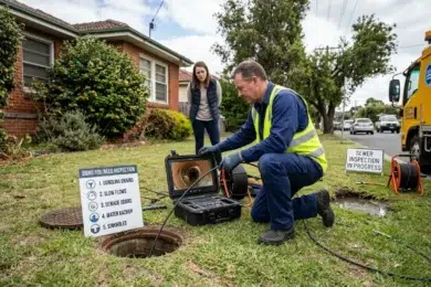A worker in a high-visibility vest inspects a sewer line with a camera, while a woman watches. Signs highlight inspection signs and in-progress work.