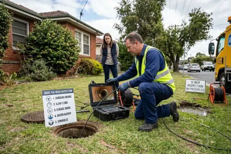A worker in a high-visibility vest inspects a sewer line with a camera, while a woman watches. Signs highlight inspection signs and in-progress work.
