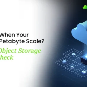 Text about challenges of data at petabyte scale and cloud object storage, with a digital cloud and connected data nodes graphic.