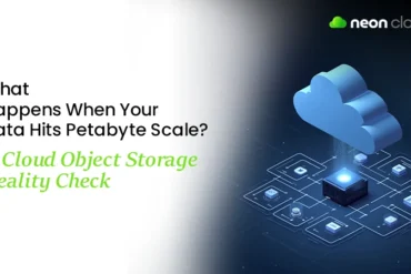 Text about challenges of data at petabyte scale and cloud object storage, with a digital cloud and connected data nodes graphic.