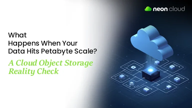 Text about challenges of data at petabyte scale and cloud object storage, with a digital cloud and connected data nodes graphic.