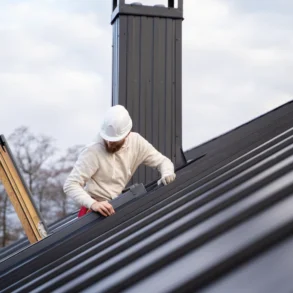 A construction worker in a white hard hat inspects a modern metal roof, with a chimney nearby. The sky is overcast, suggesting a calm atmosphere.