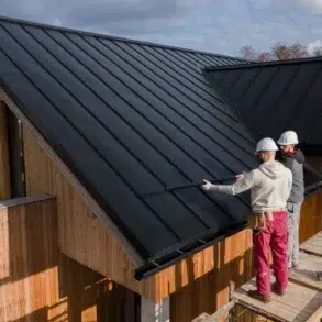 Two workers in helmets install a sleek black metal roof on a modern wooden house under a partly cloudy sky, conveying teamwork and efficiency.