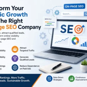 Graphic promoting an On-Page SEO company. Features a laptop displaying SEO charts, text highlighting benefits like increased visibility and targeted traffic, and icons representing strategies and results. Bright, professional tone.