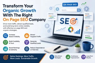 Graphic promoting an On-Page SEO company. Features a laptop displaying SEO charts, text highlighting benefits like increased visibility and targeted traffic, and icons representing strategies and results. Bright, professional tone.