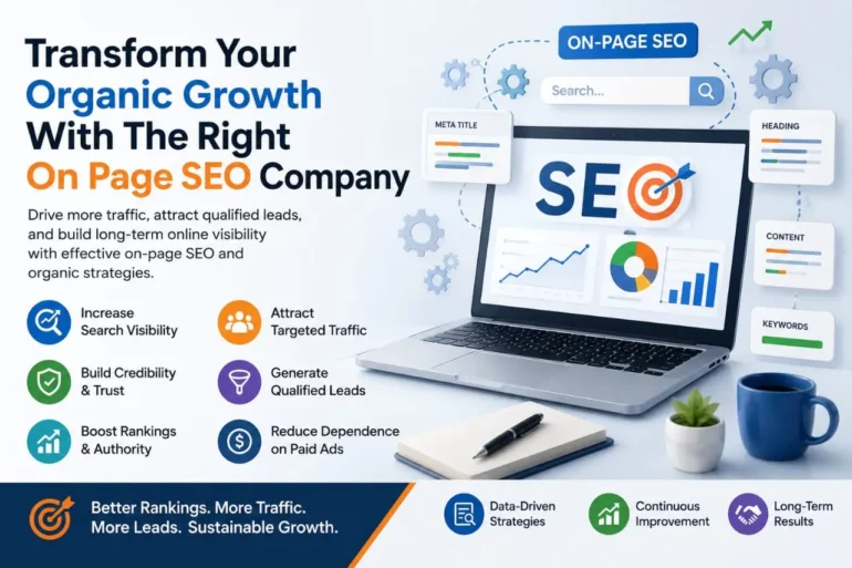 Graphic promoting an On-Page SEO company. Features a laptop displaying SEO charts, text highlighting benefits like increased visibility and targeted traffic, and icons representing strategies and results. Bright, professional tone.