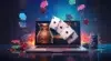 Laptop displaying casino game with poker chips and playing cards appearing to fly out from the screen.