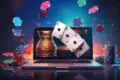 Laptop displaying casino game with poker chips and playing cards appearing to fly out from the screen.