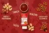 Bottle of healthy ketchup with a bowl of sauce, teddy bear snacks, and pretzels on a red background. Words: "Tangy," "Tasty," "Healthy," "Perfect for Pairing."
