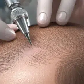 Close-up of a person's scalp undergoing a hair transplant procedure with a surgical tool.