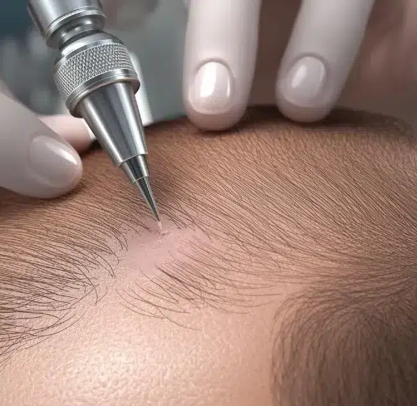 Close-up of a person's scalp undergoing a hair transplant procedure with a surgical tool.