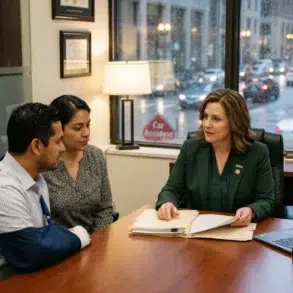 A woman consults a couple in an office; the man has an arm in a sling. A "Car Accident" sign is visible outside the window. The scene is professional and empathetic.