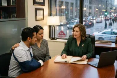A woman consults a couple in an office; the man has an arm in a sling. A "Car Accident" sign is visible outside the window. The scene is professional and empathetic.