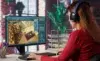 A woman wearing headphones works at a computer with a 3D modeling software displaying a room layout. The setting is a modern office with green plants.