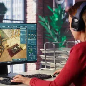 A woman wearing headphones works at a computer with a 3D modeling software displaying a room layout. The setting is a modern office with green plants.