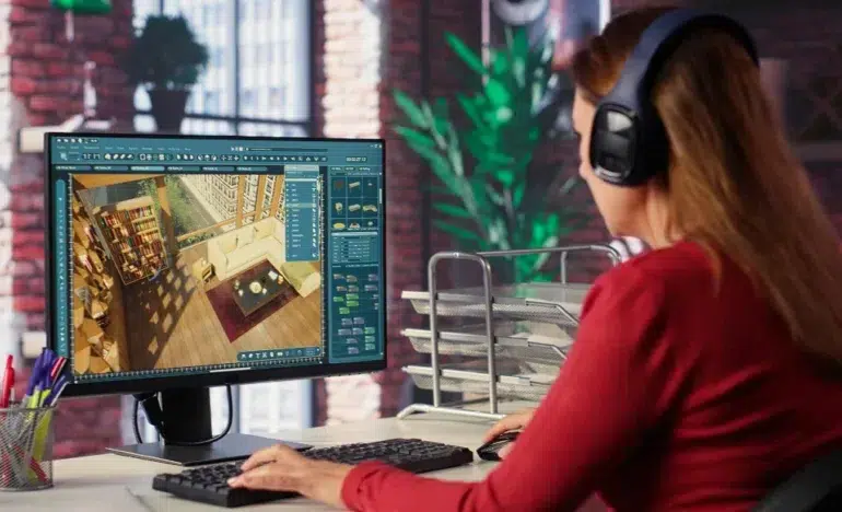 A woman wearing headphones works at a computer with a 3D modeling software displaying a room layout. The setting is a modern office with green plants.