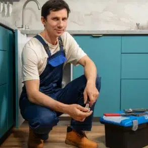 Plumber in blue overalls squatting by open kitchen cabinet, holding a pipe fitting with a toolbox and tools on the floor nearby.