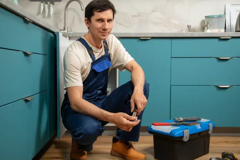 Plumber in blue overalls squatting by open kitchen cabinet, holding a pipe fitting with a toolbox and tools on the floor nearby.