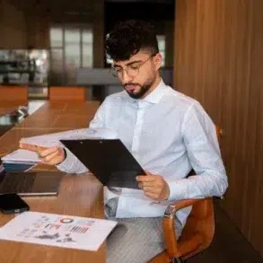 A man in a white shirt reviews documents at a wooden table, surrounded by charts and a laptop. The office setting and his focused expression suggest analysis.
