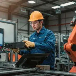 A worker in a blue uniform and yellow hard hat operates machinery in a factory. He is focused, using a control panel near an orange robotic arm.