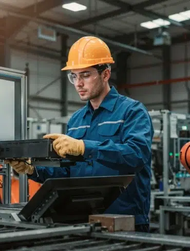 A worker in a blue uniform and yellow hard hat operates machinery in a factory. He is focused, using a control panel near an orange robotic arm.