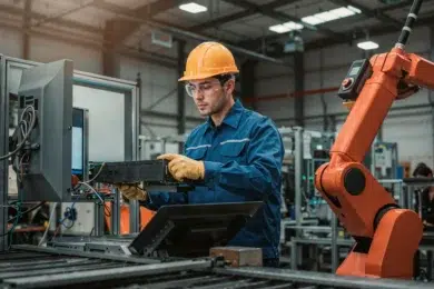 A worker in a blue uniform and yellow hard hat operates machinery in a factory. He is focused, using a control panel near an orange robotic arm.