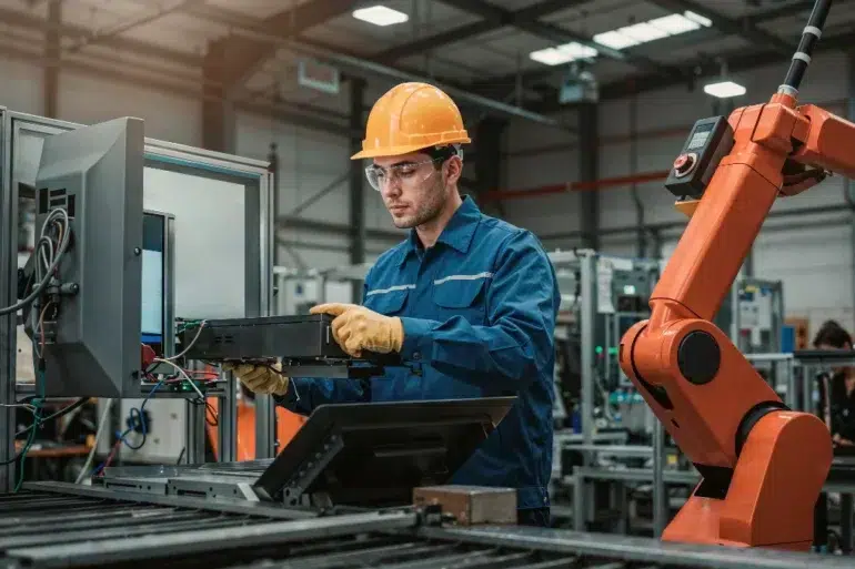 A worker in a blue uniform and yellow hard hat operates machinery in a factory. He is focused, using a control panel near an orange robotic arm.