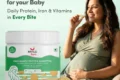 Pregnant woman in a green dress enjoys a Mylo Care pregnancy protein diskette. Product promises nutrients for baby’s strong start. Package shown.